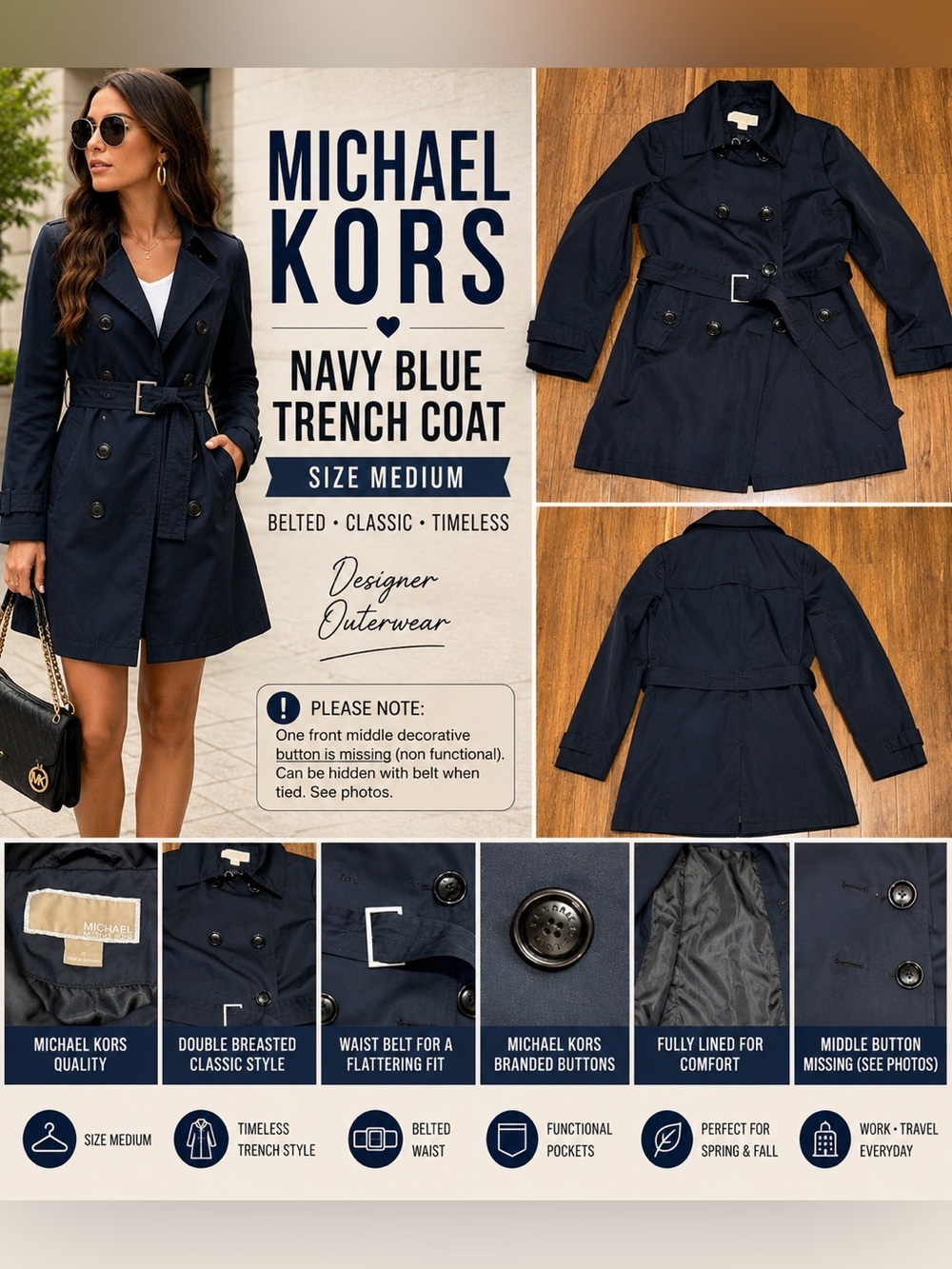 Michael Michael Kors Navy Blue Double-Breasted Belted Trench Coat Size Medium